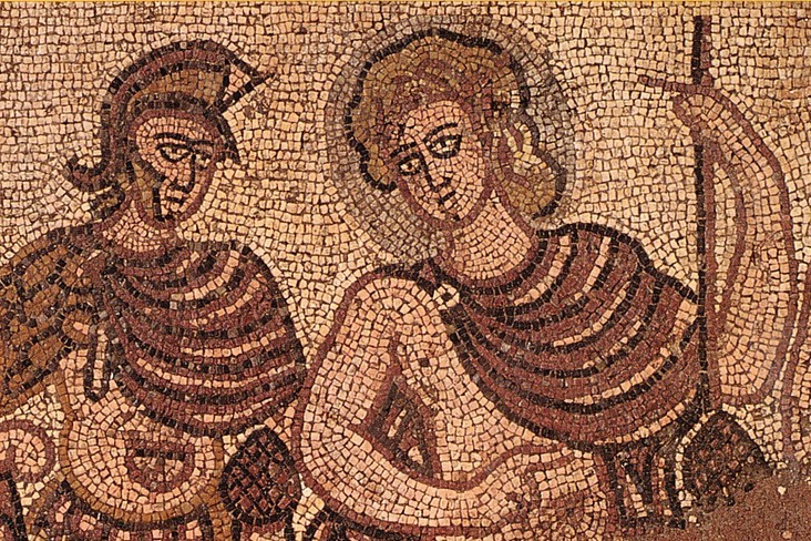 Ravenna, Museo Classis, dettaglio di Achille con un soldato, dal mosaico della Domus di Via Dogana.