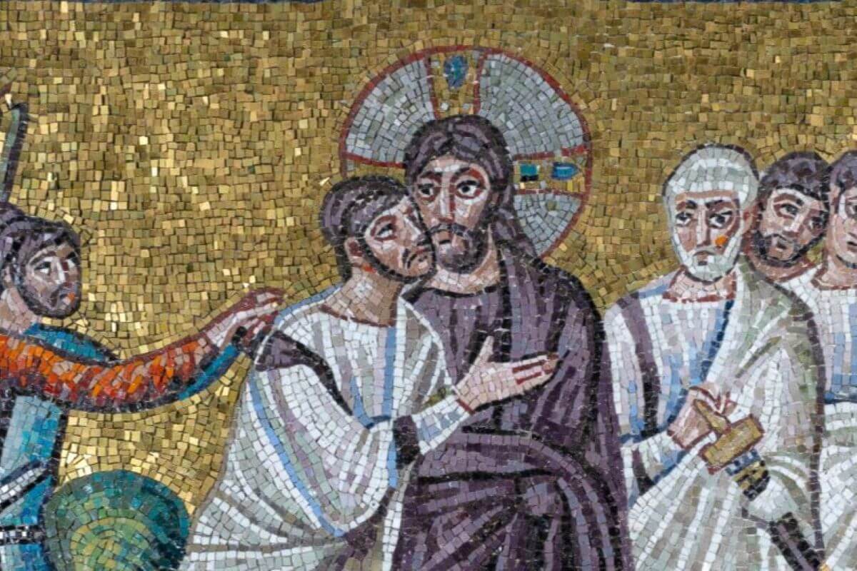 Dettaglio del mosaico con il bacio di Giuda.