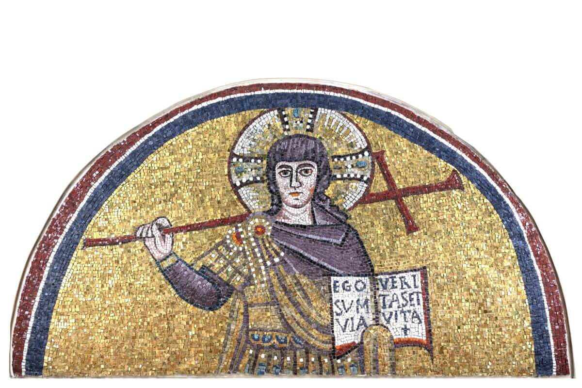 Foto del dettaglio del mosaico di Cristo Guerriero.