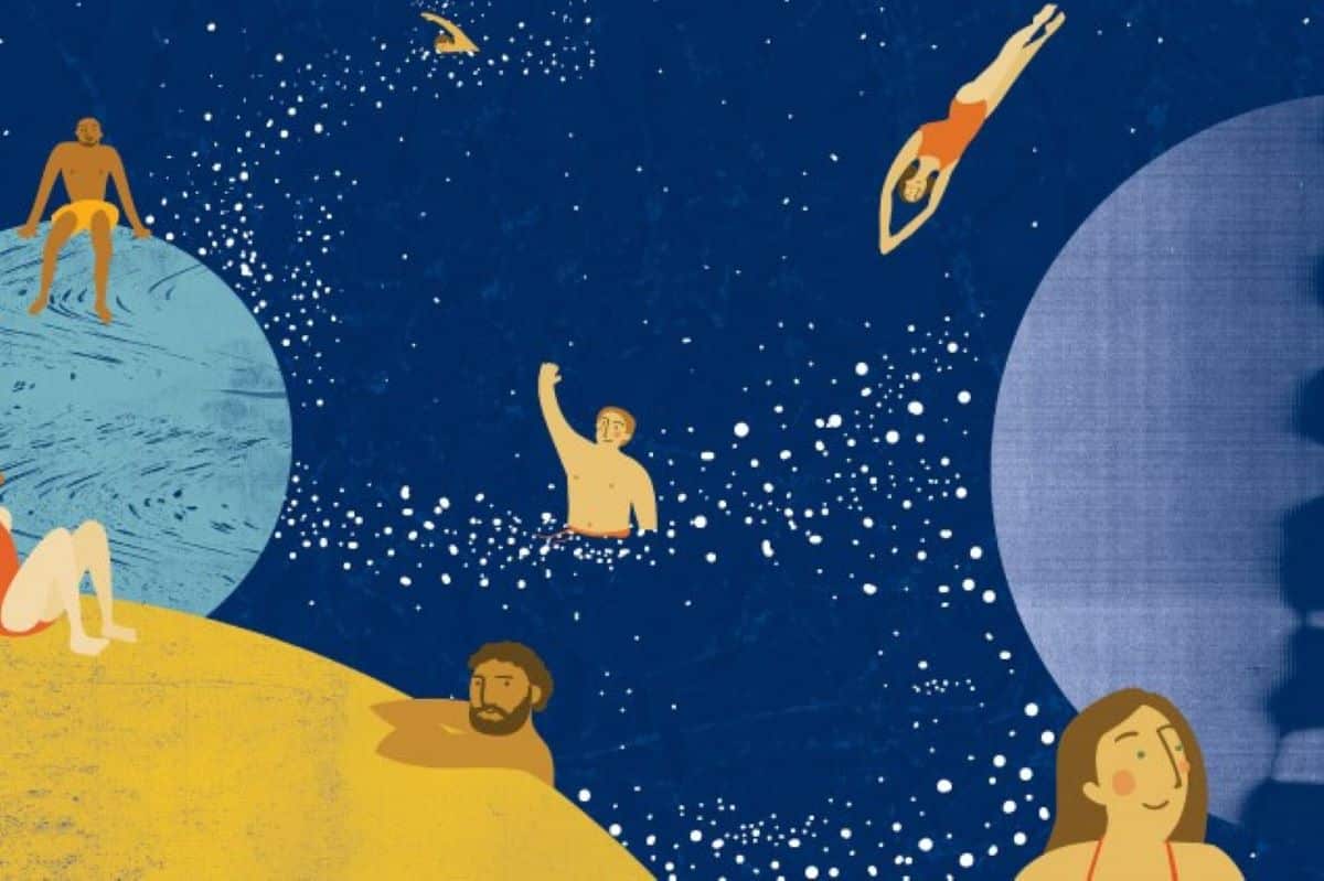 Illustrazione di persone che si tuffano e divertono nello spazio